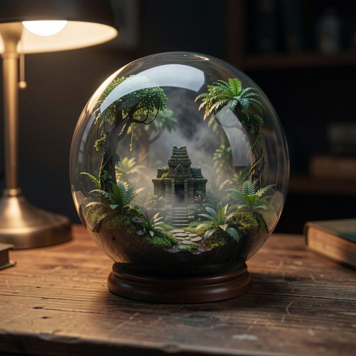 A glass globe terrarium on a wooden desk containing a jungle with a hidden stone temple