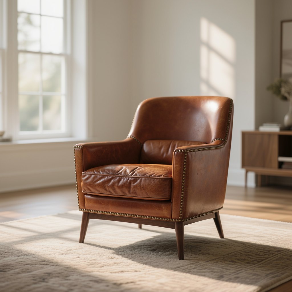 After: the same armchair retextured in worn cognac leather with brass studs