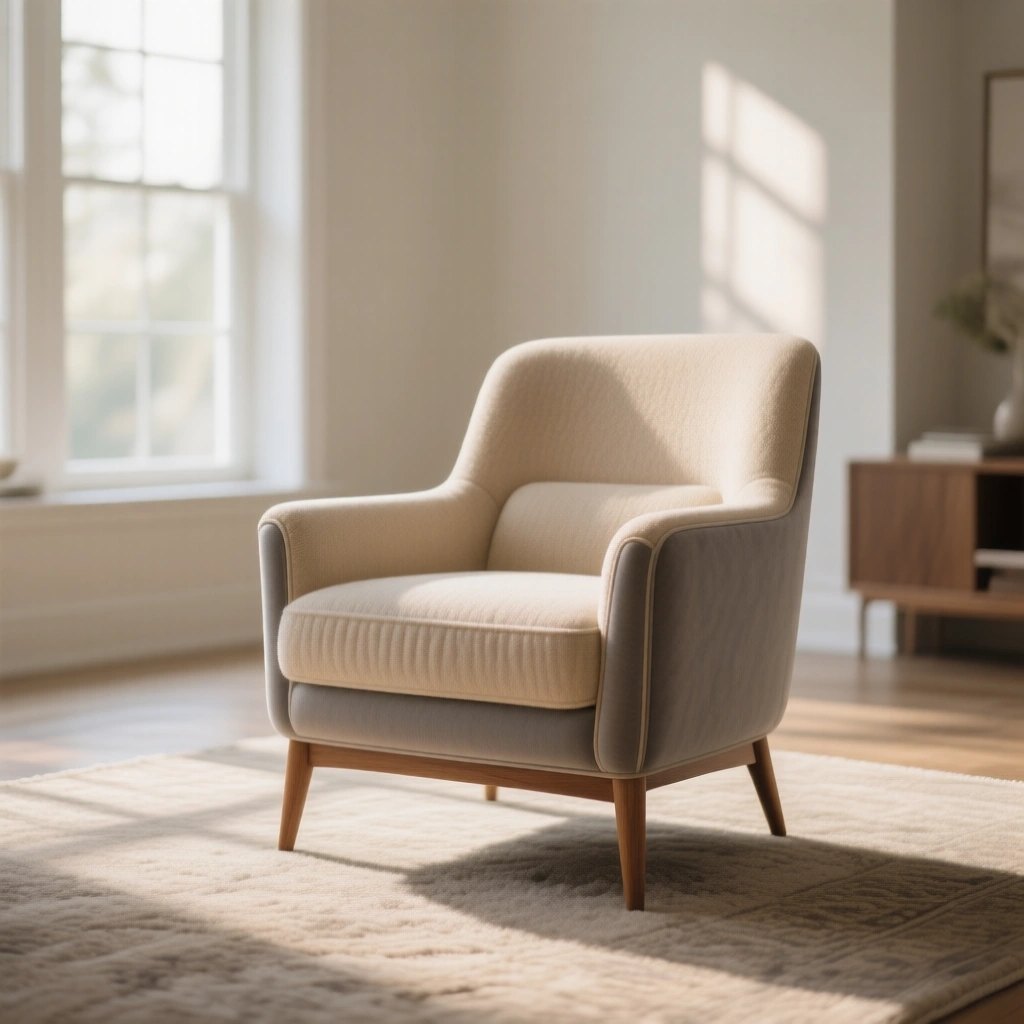 Before: a mid-century armchair upholstered in cream and grey fabric