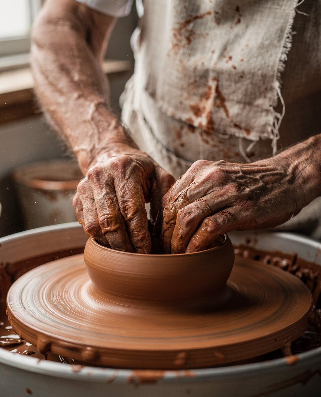 Close-up of an elderly potter's clay-covered hands shaping a terracotta bowl on a spinning wheel, a frayed linen apron behind