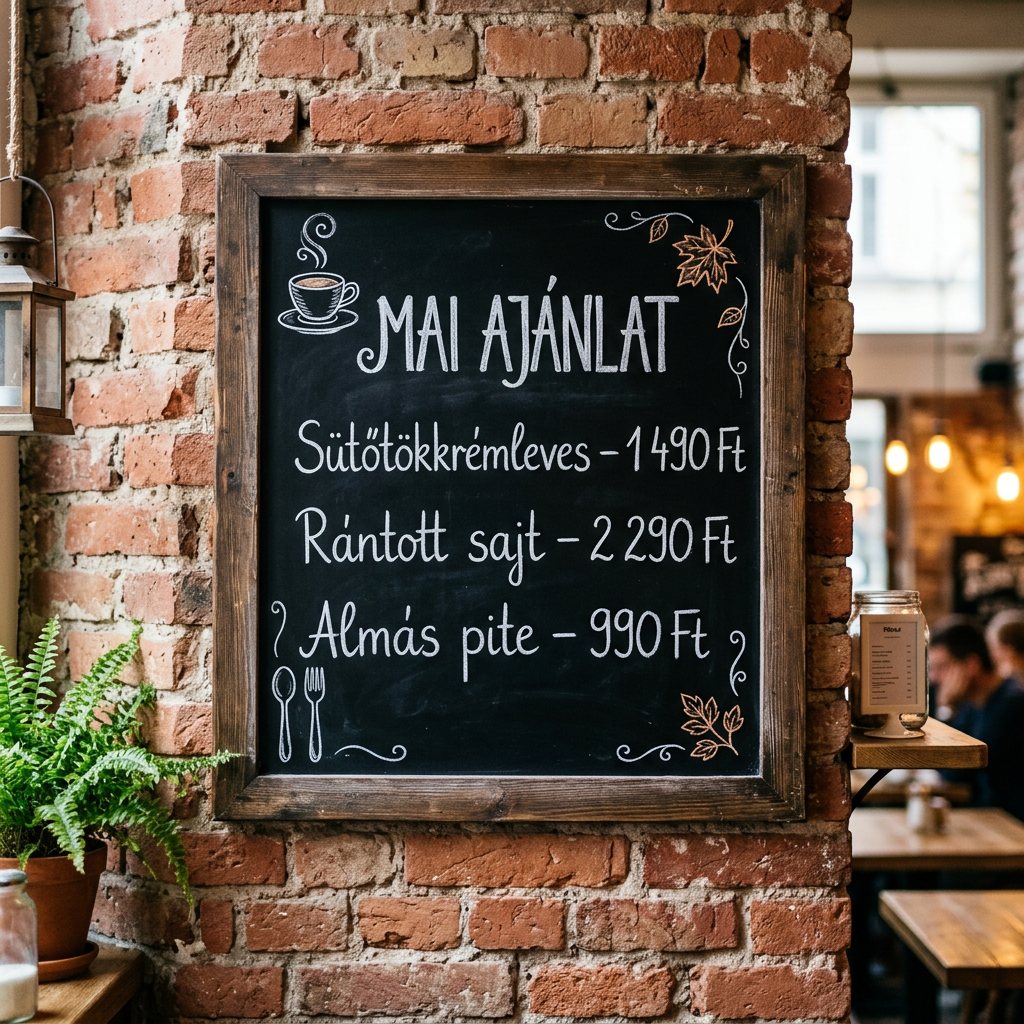 A café chalkboard menu written in Hungarian
