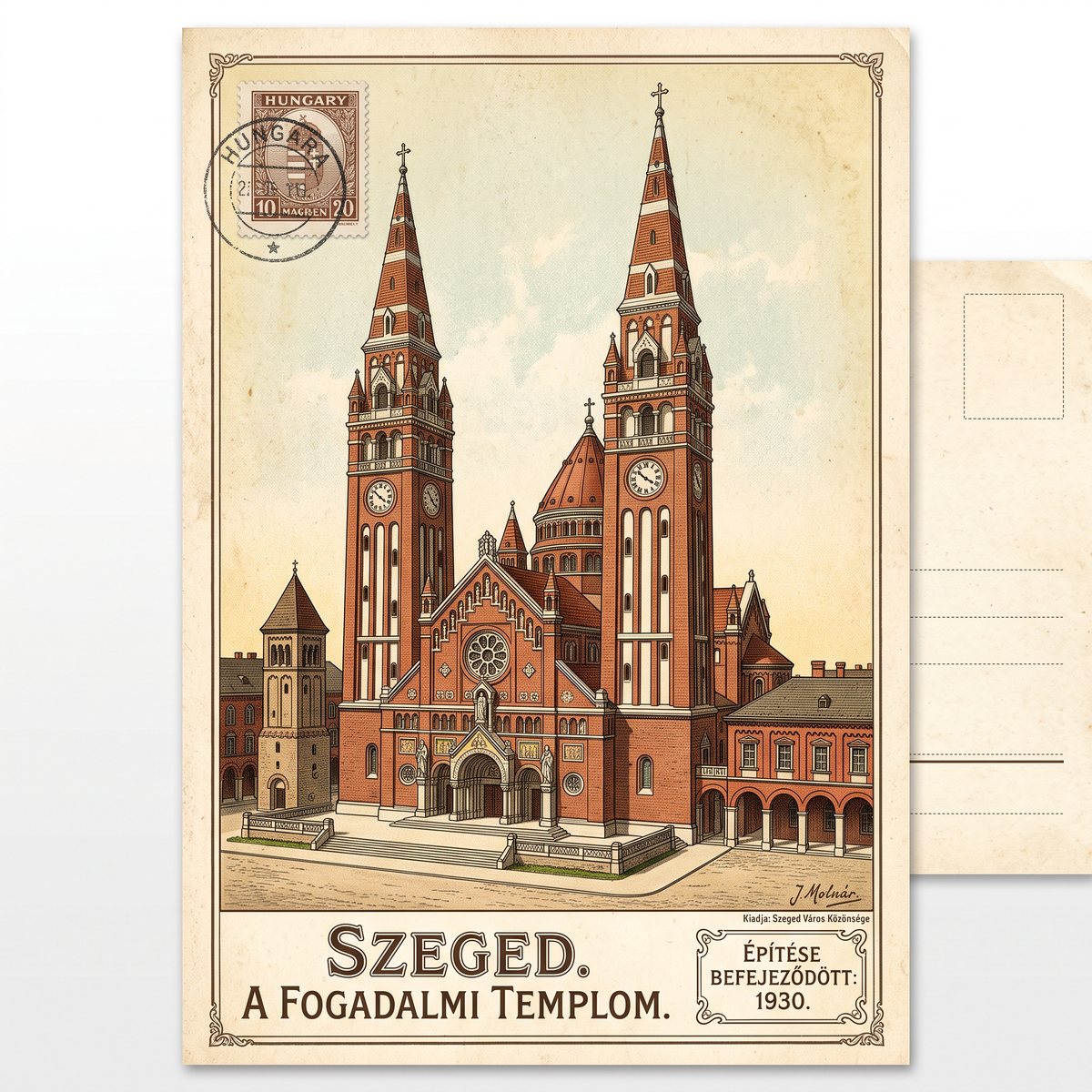 A vintage-style illustrated postcard of the Votive Church in Szeged, with a caption saying its construction was completed in 1930