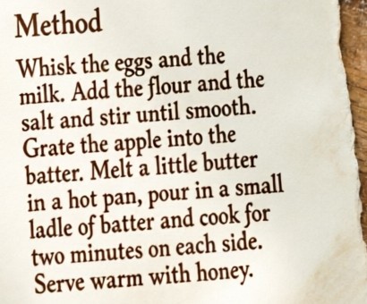 Close-up of the method paragraph on the recipe card