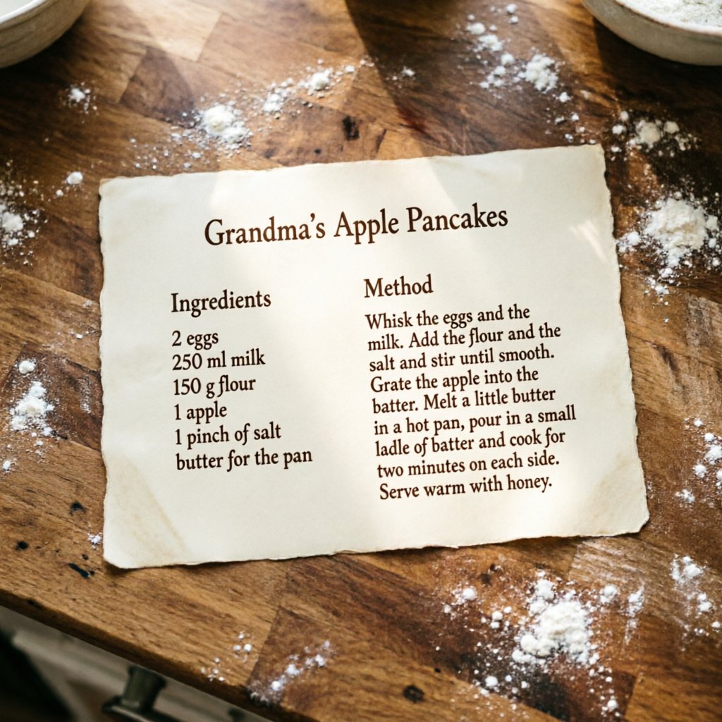 A printed recipe card for Grandma's Apple Pancakes on a floury wooden counter, with an ingredients list and a method paragraph