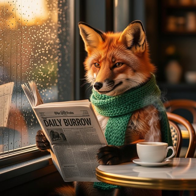 Flux 2 Flex: a red fox in a green knitted scarf reading The Daily Burrow at a café table by a rainy window
