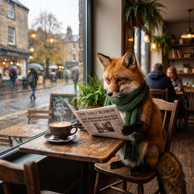 Nano Banana 2: a red fox in a green knitted scarf reading The Daily Burrow at a café table by a rainy window