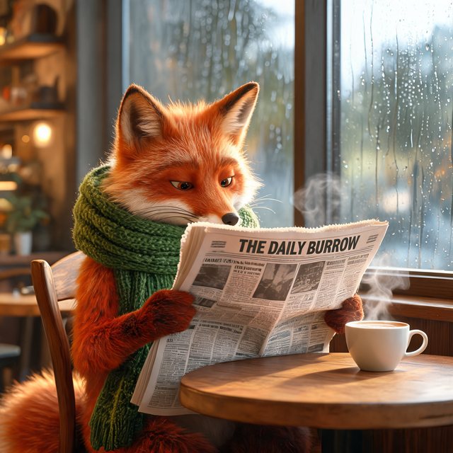 Seedream 5 Lite: a red fox in a green knitted scarf reading The Daily Burrow at a café table by a rainy window