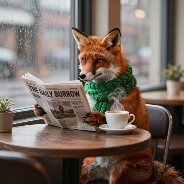 Z Image Turbo: a red fox in a green knitted scarf reading The Daily Burrow at a café table by a rainy window
