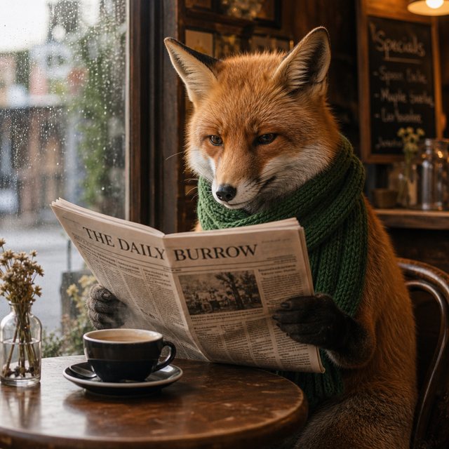 GPT Image 2: a red fox in a green knitted scarf reading The Daily Burrow at a café table by a rainy window