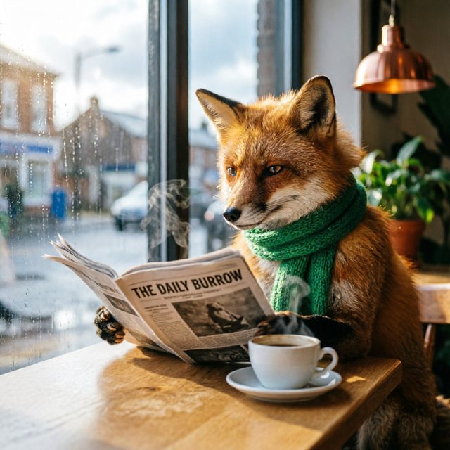 Qwen Image 2: a red fox in a green knitted scarf reading The Daily Burrow at a café table by a rainy window