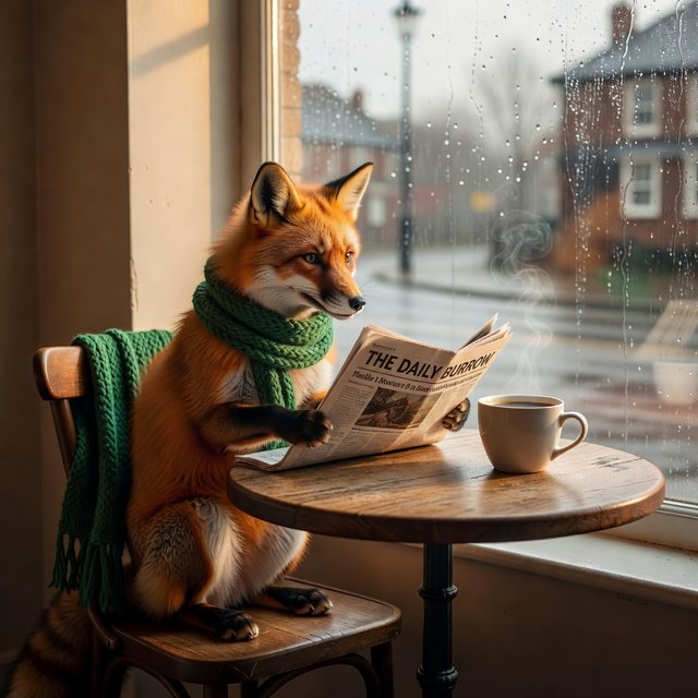 Grok Imagine: a red fox in a green knitted scarf reading The Daily Burrow at a café table by a rainy window