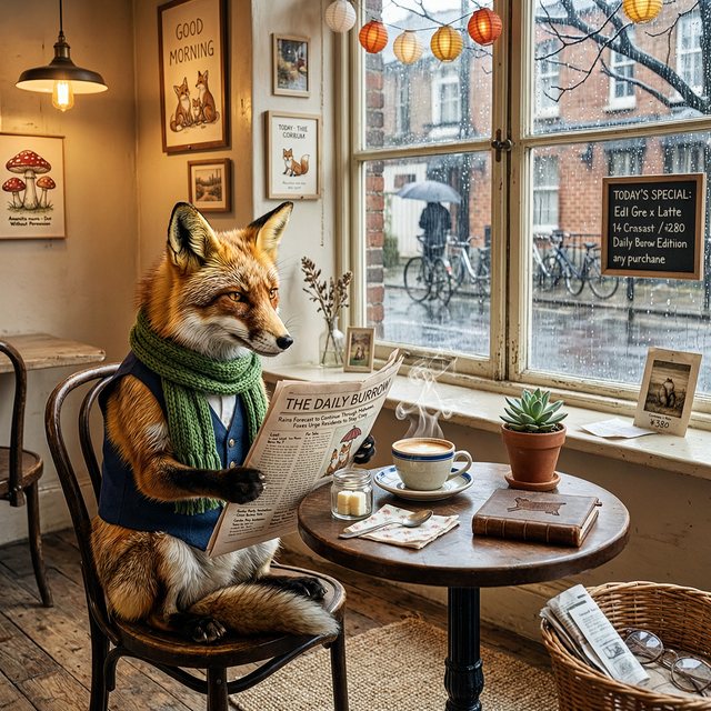Wan 2.7 Image: a red fox in a green knitted scarf reading The Daily Burrow at a café table by a rainy window