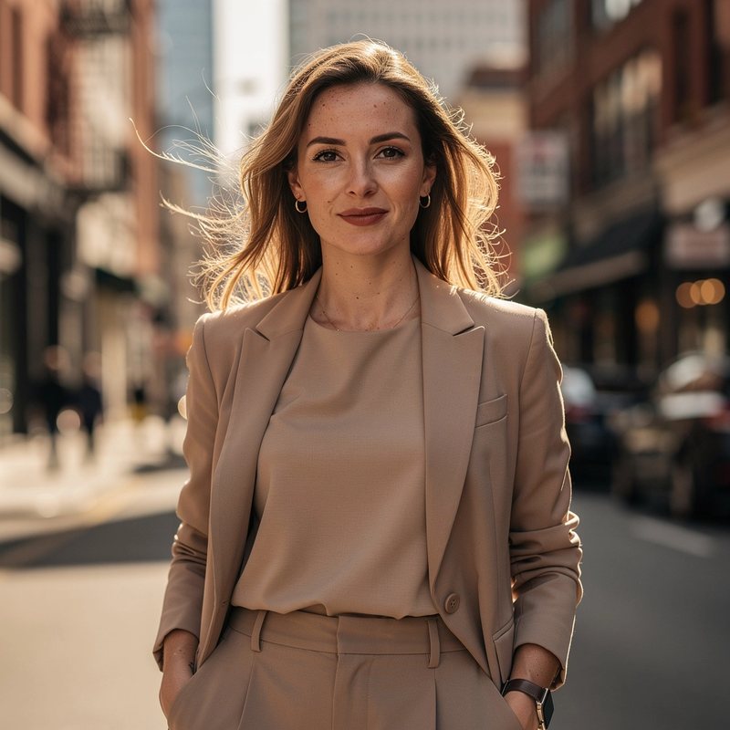 A woman in a beige suit on a sunny city street