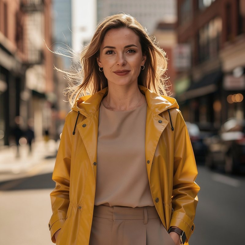 The same woman and street, now in a mustard yellow raincoat