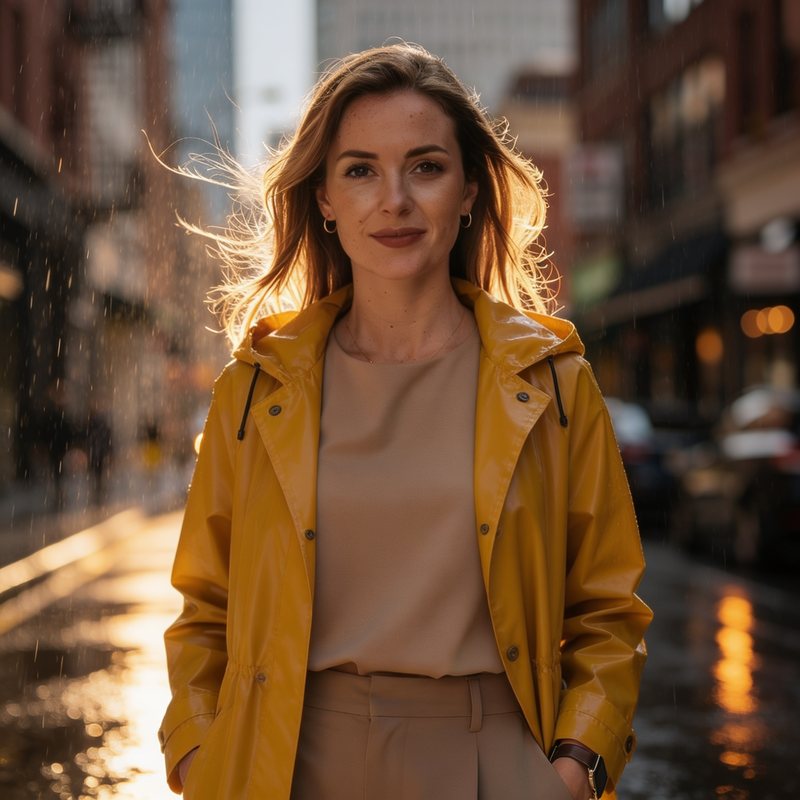 The same woman in the yellow raincoat, now with rain and wet reflections on the street