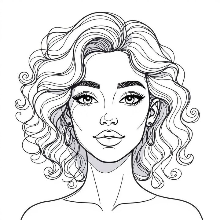 A black and white line drawing of a woman with curly hair