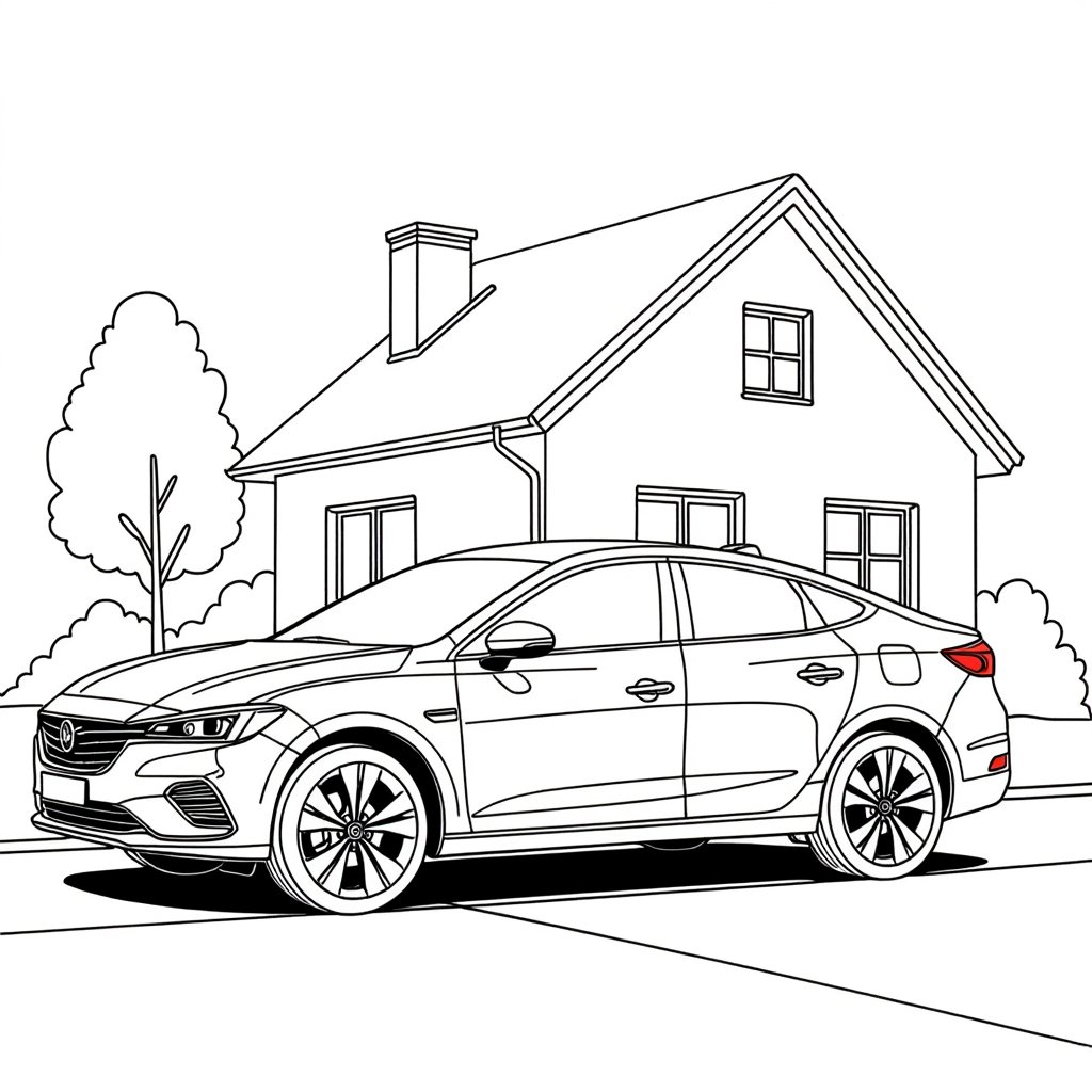 A black and white line drawing of a car parked in front of a house