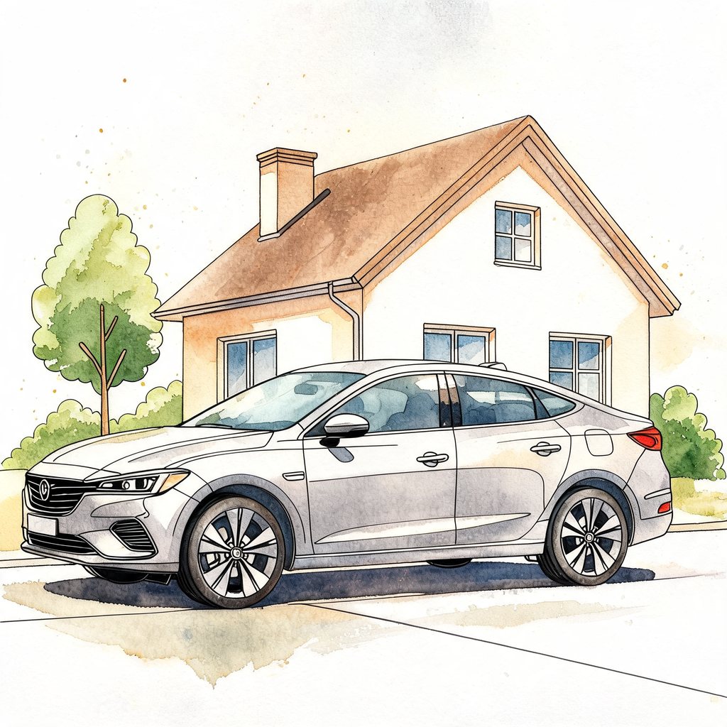 The car and house drawing turned into a watercolour in the same style