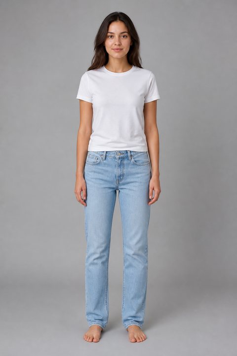 Full-body studio photo of a young woman in a white t-shirt and jeans