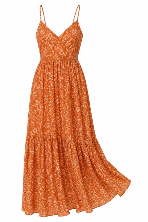 An orange floral maxi dress on an invisible mannequin