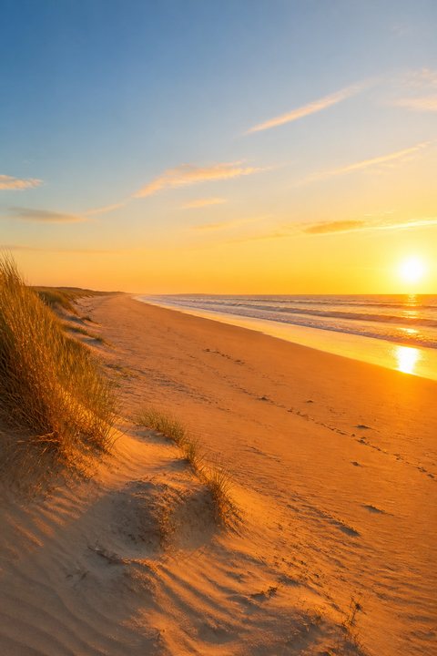 An empty sandy beach at golden hour