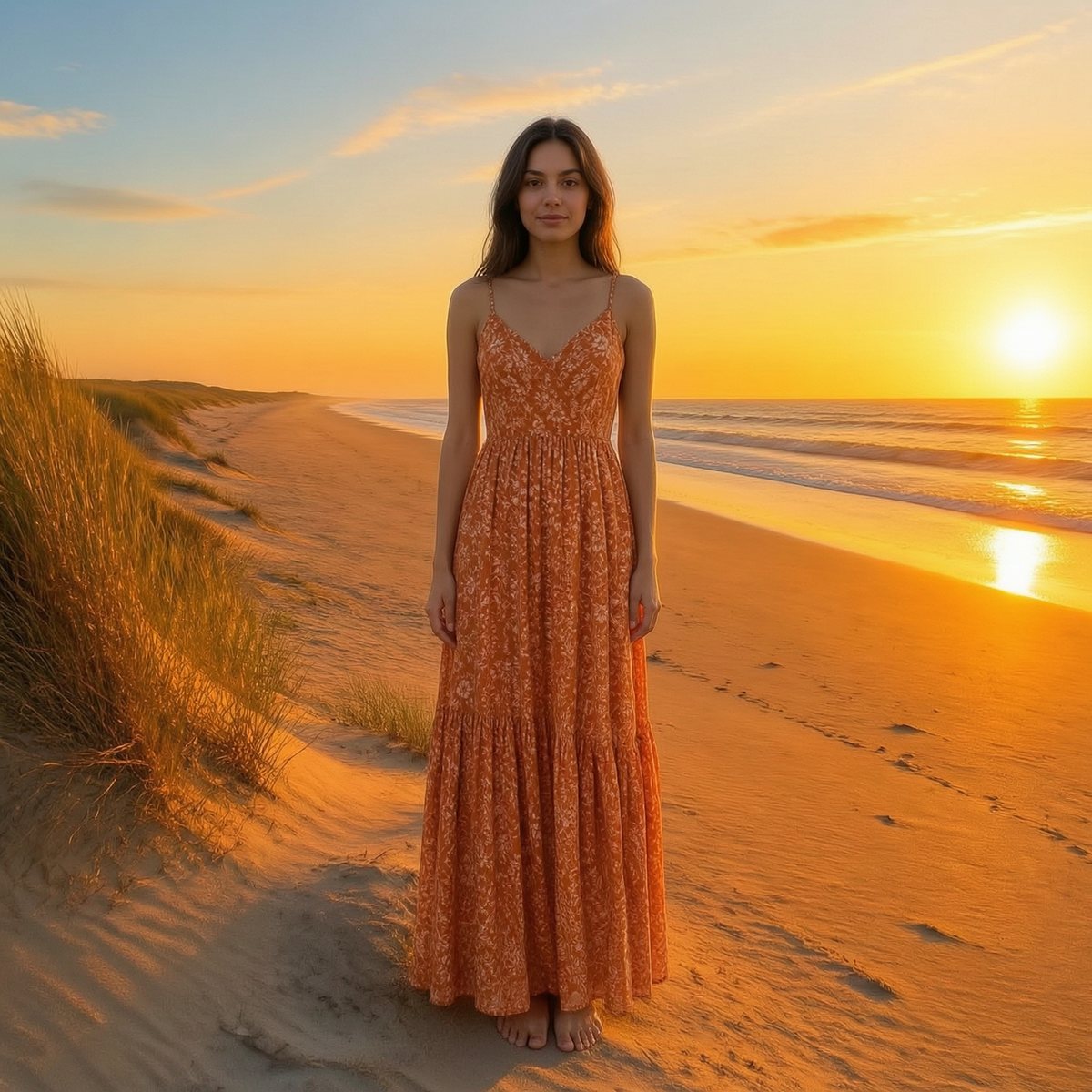 The woman from image 1 standing barefoot on the beach from image 3, wearing the orange floral dress from image 2