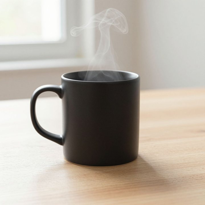 A matte black ceramic mug with steam rising, on a light wooden table by a window