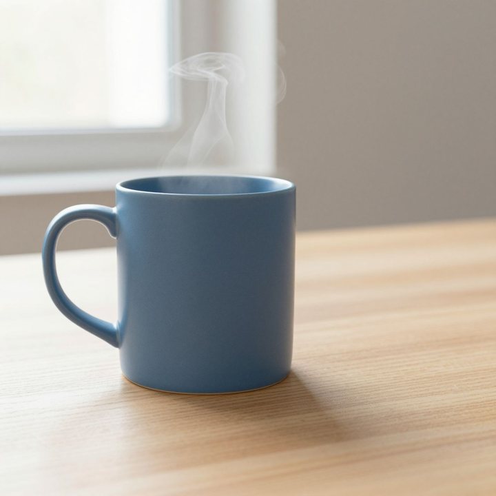 A blue ceramic mug with steam rising, on a light wooden table by a window