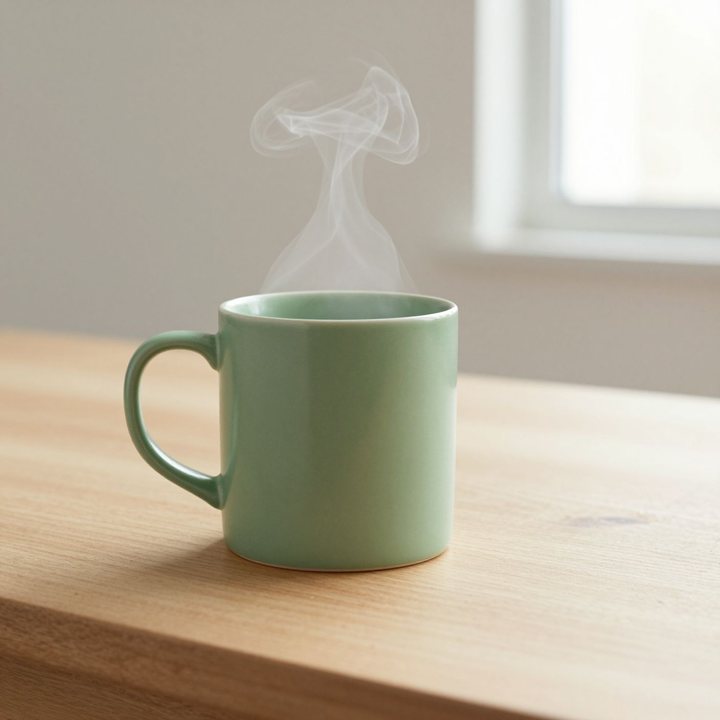A green ceramic mug with steam rising, on a light wooden table by a window