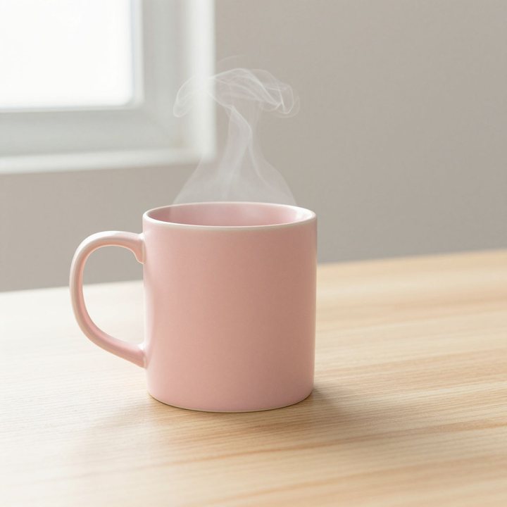 A pink ceramic mug with steam rising, on a light wooden table by a window