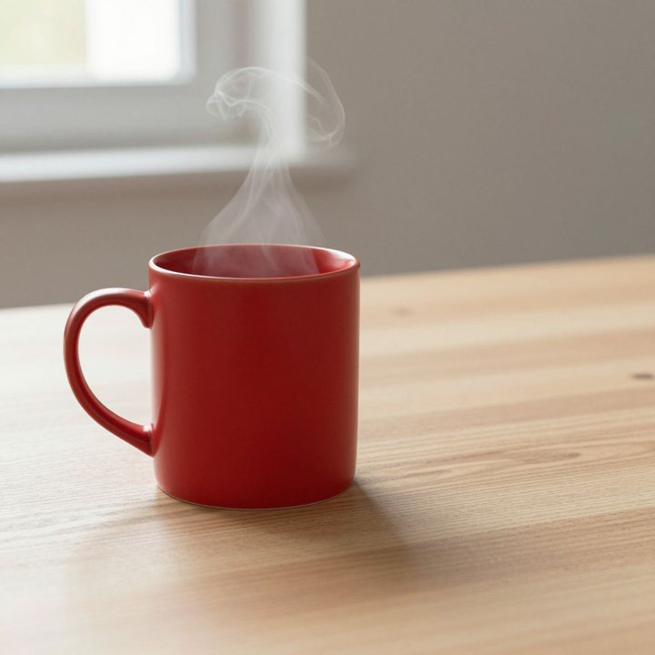 A red ceramic mug with steam rising, on a light wooden table by a window