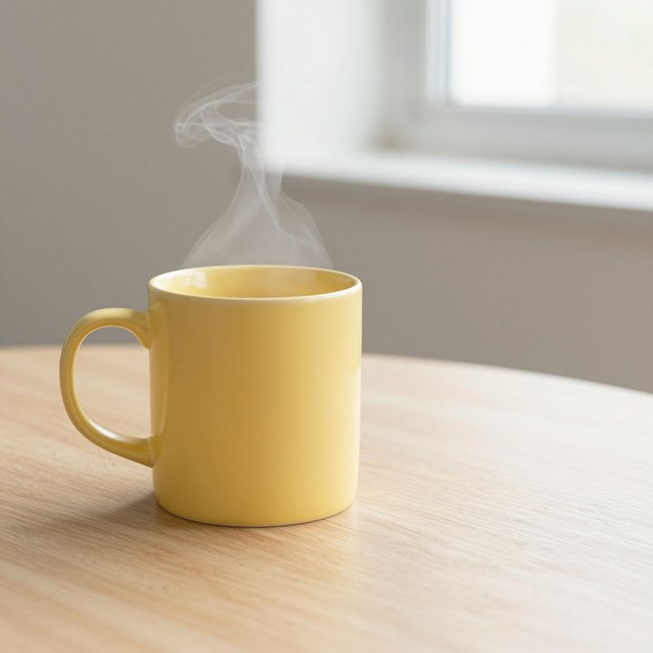 A yellow ceramic mug with steam rising, on a light wooden table by a window